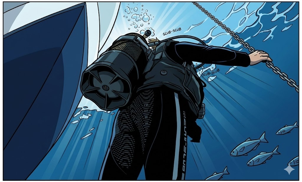 Plongeurs explorant une épave profonde dans les eaux claires de Micronésie