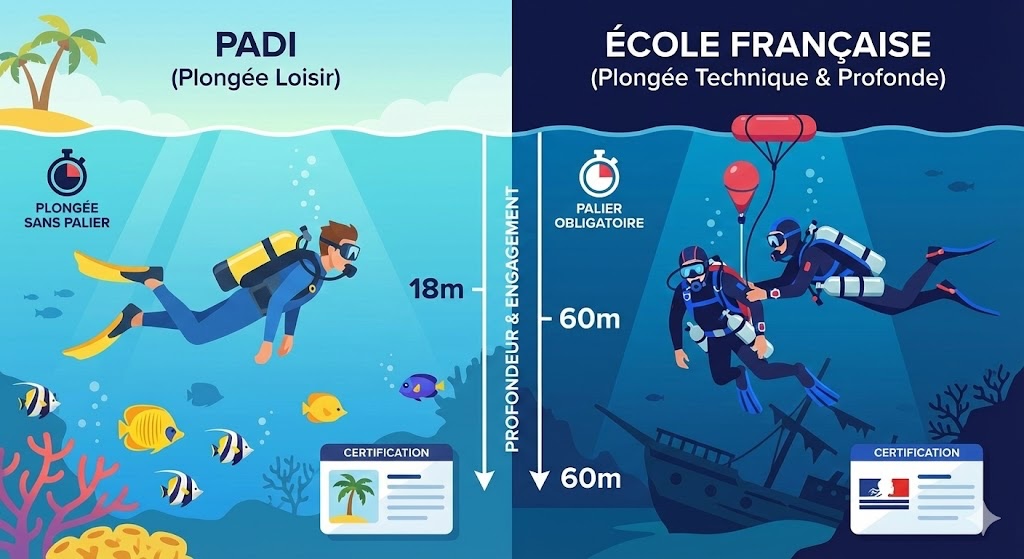 Plongeurs illustrant les différences entre le système PADI et l