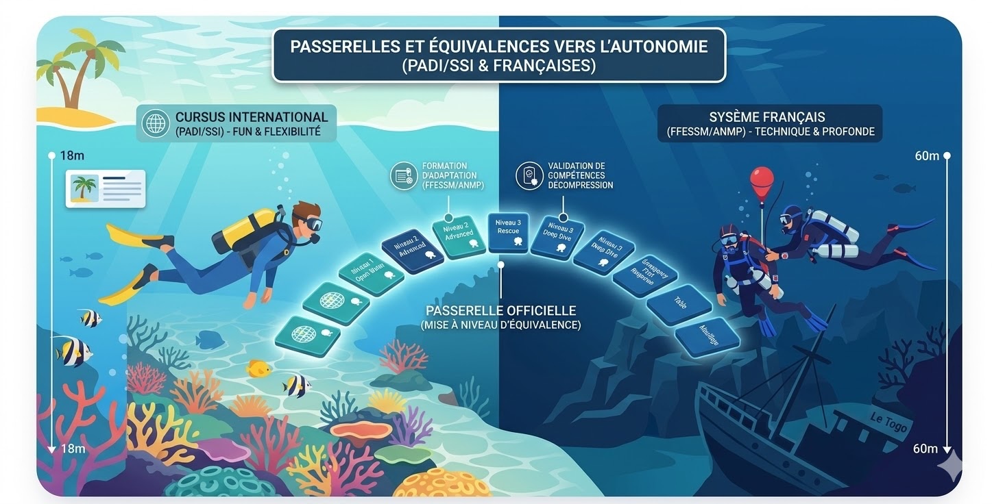 Schéma des équivalences et passerelles de plongée sous-marine en France entre PADI, SSI, FFESSM et ANMP