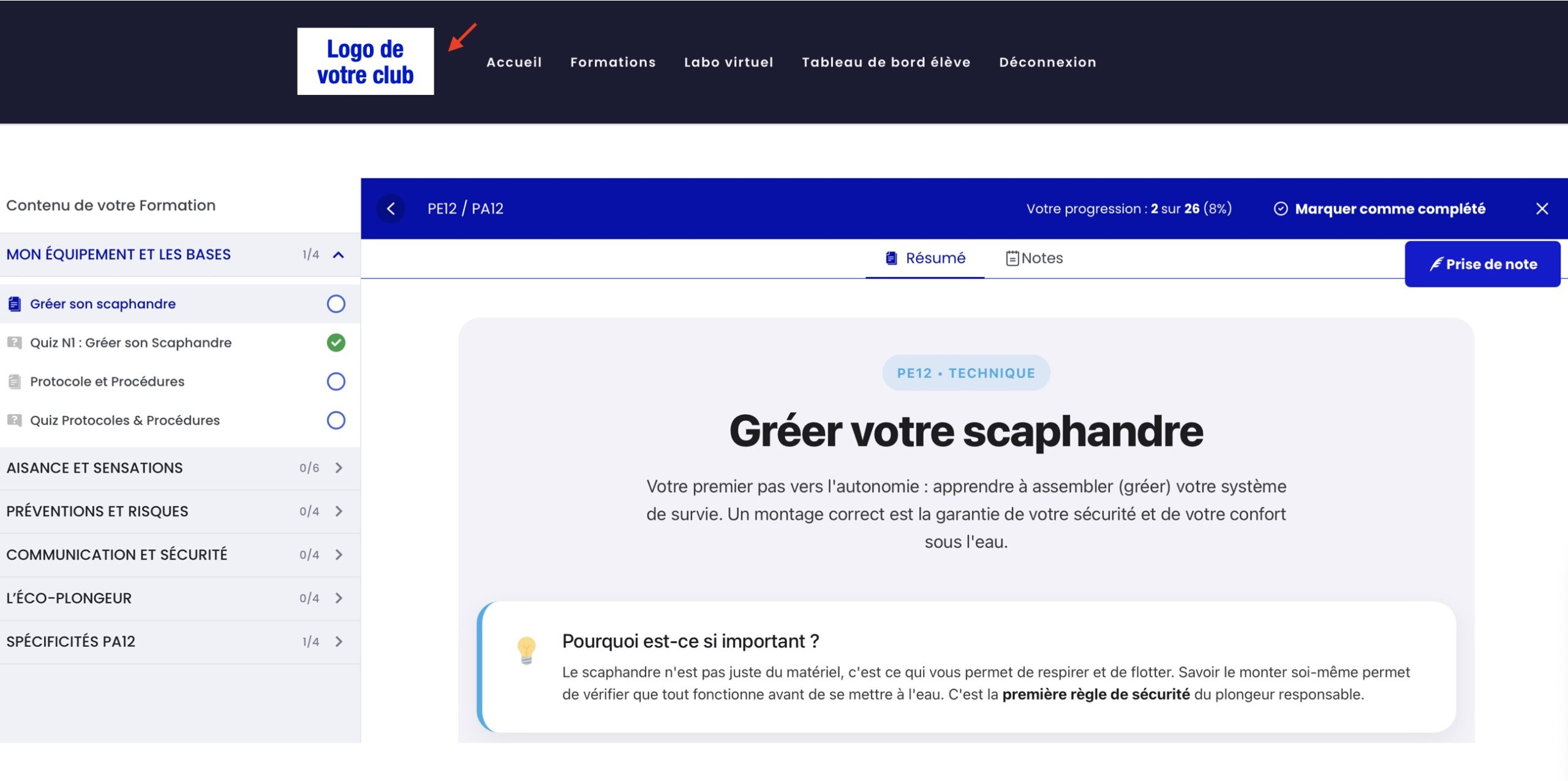 Exemple d'une leçon SCUBO dans l'espace élève d'un club
