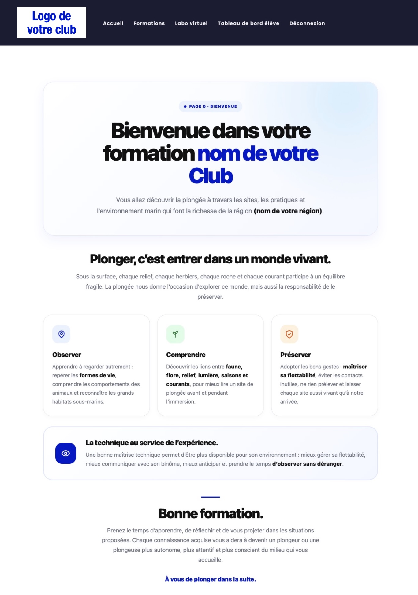 Exemple d'une page marque blanche SCUBO personnalisée pour un club